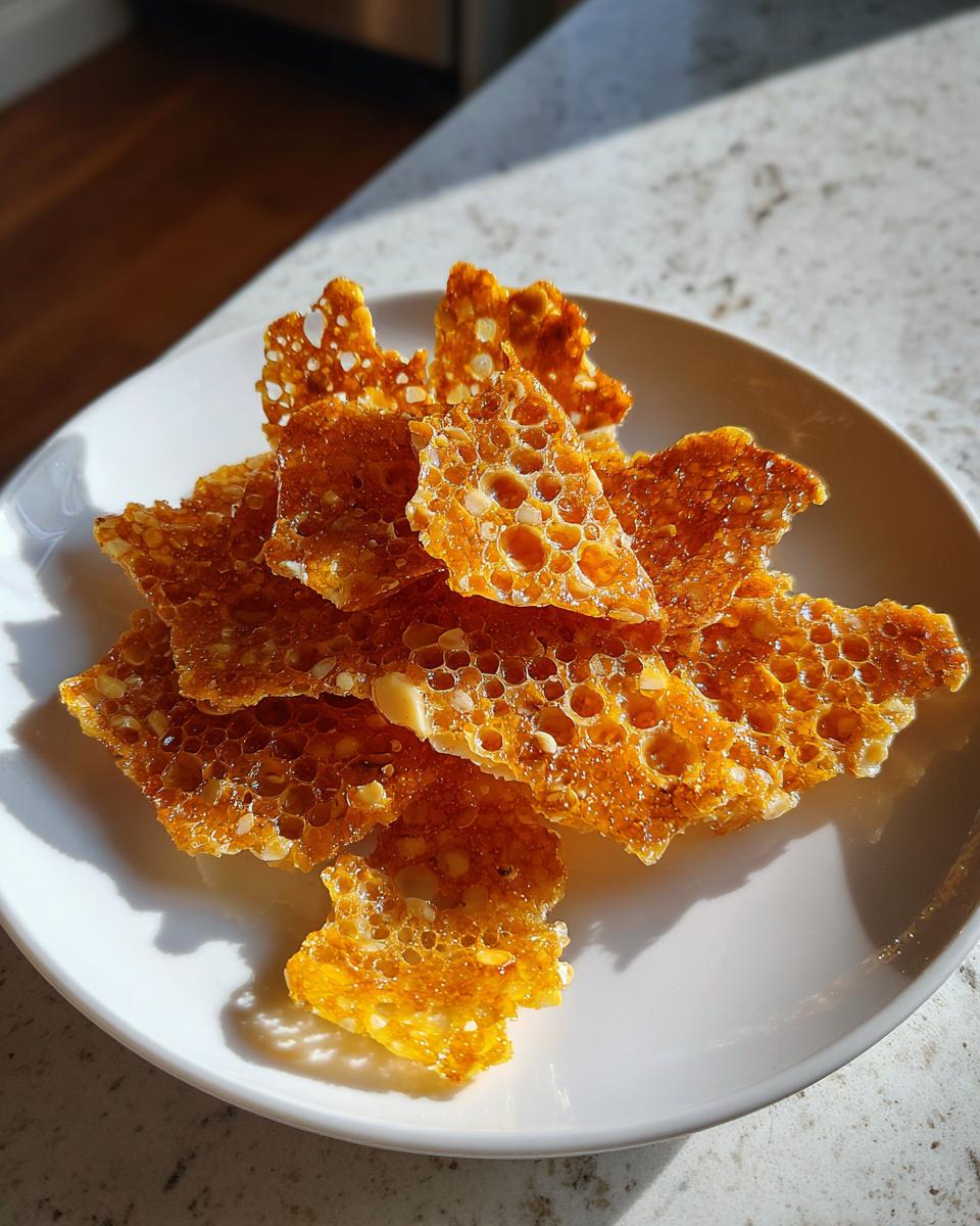 Close-up of shattered, golden-brown peanut brittle recipe pieces with a honeycomb texture on a white plate.