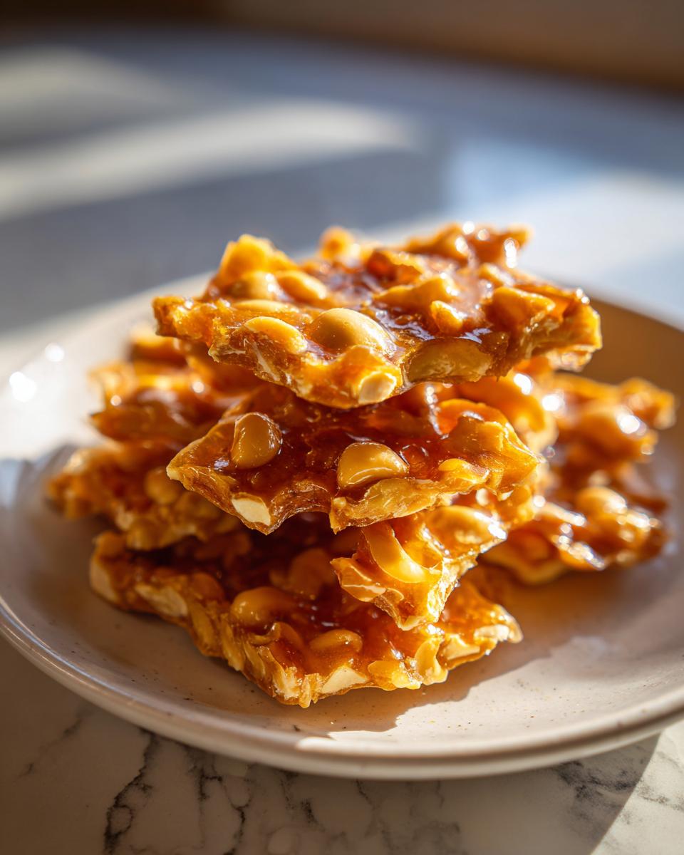 A stack of golden, glossy pieces of homemade peanut brittle recipe resting on a small plate.