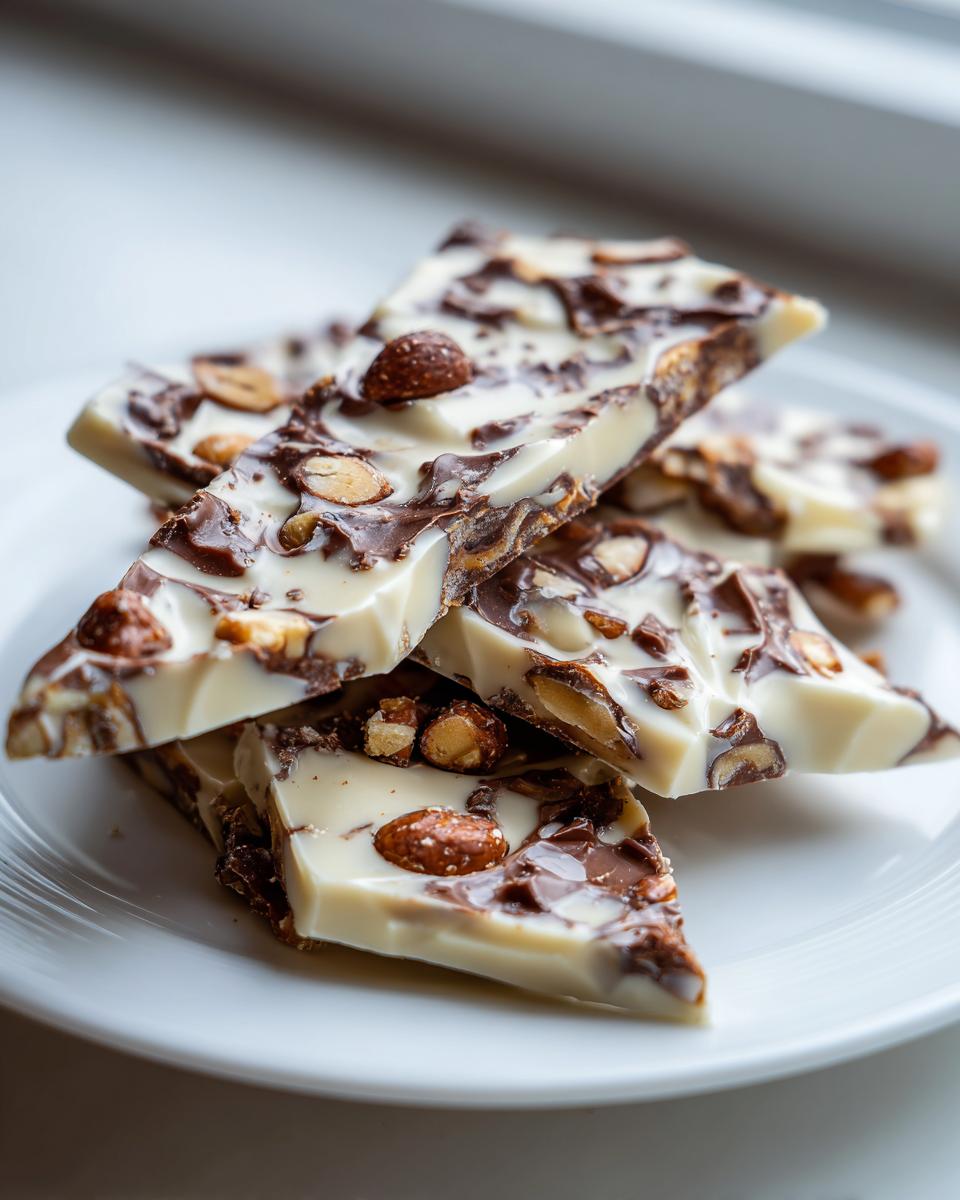 Close-up of stacked pieces of white chocolate peanut butter pretzel bark topped with nuts.