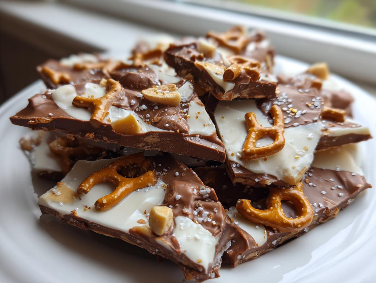 A stack of broken pieces of peanut butter pretzel bark featuring milk chocolate, white chocolate swirls, mini pretzels, and sea salt.