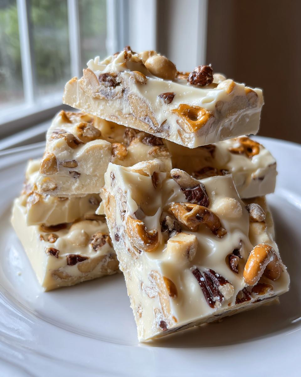 Close-up of stacked squares of white chocolate peanut butter pretzel bark loaded with nuts and pretzel pieces.