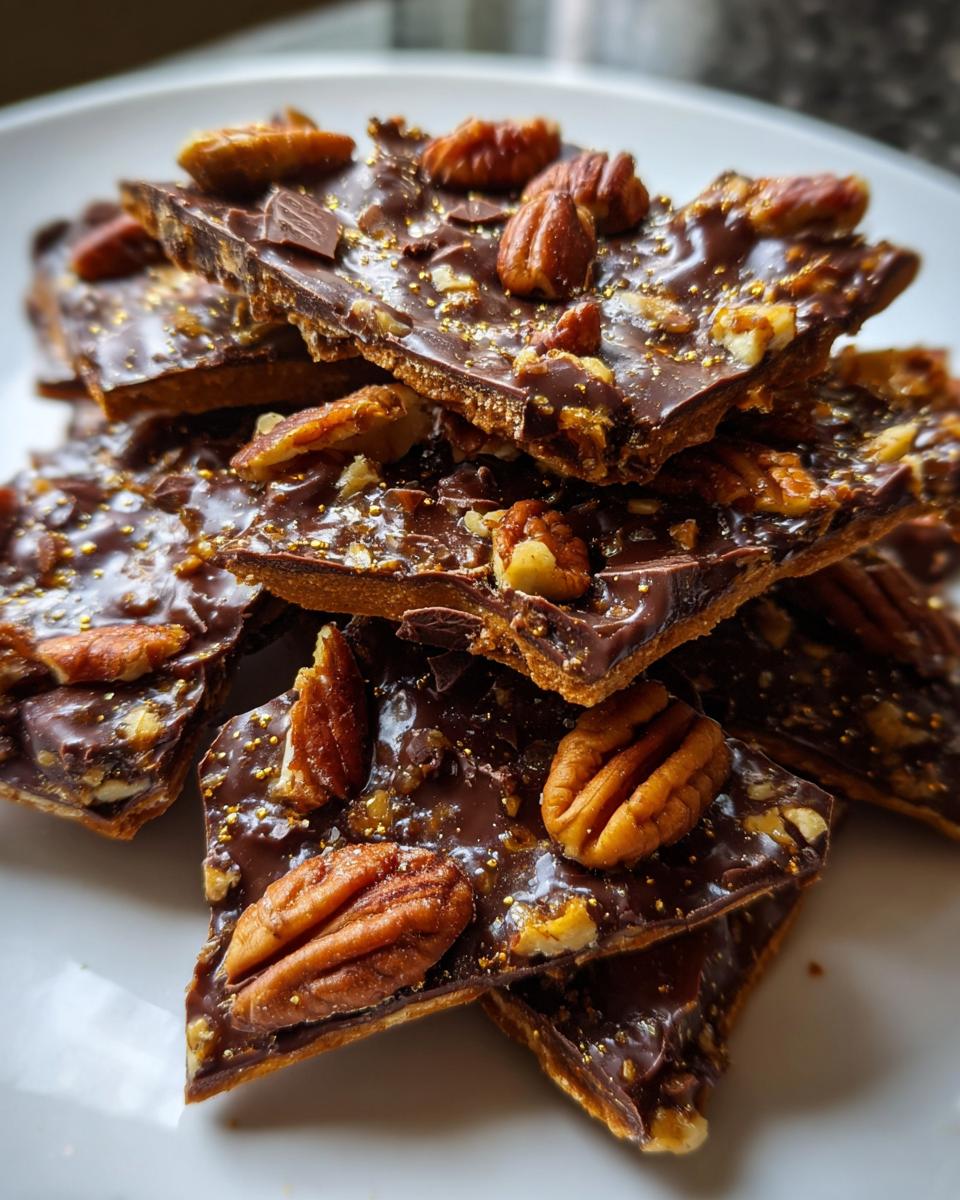 Close-up of broken pieces of rich, dark Pecan Pie Bark topped with whole pecans and gold sprinkles.