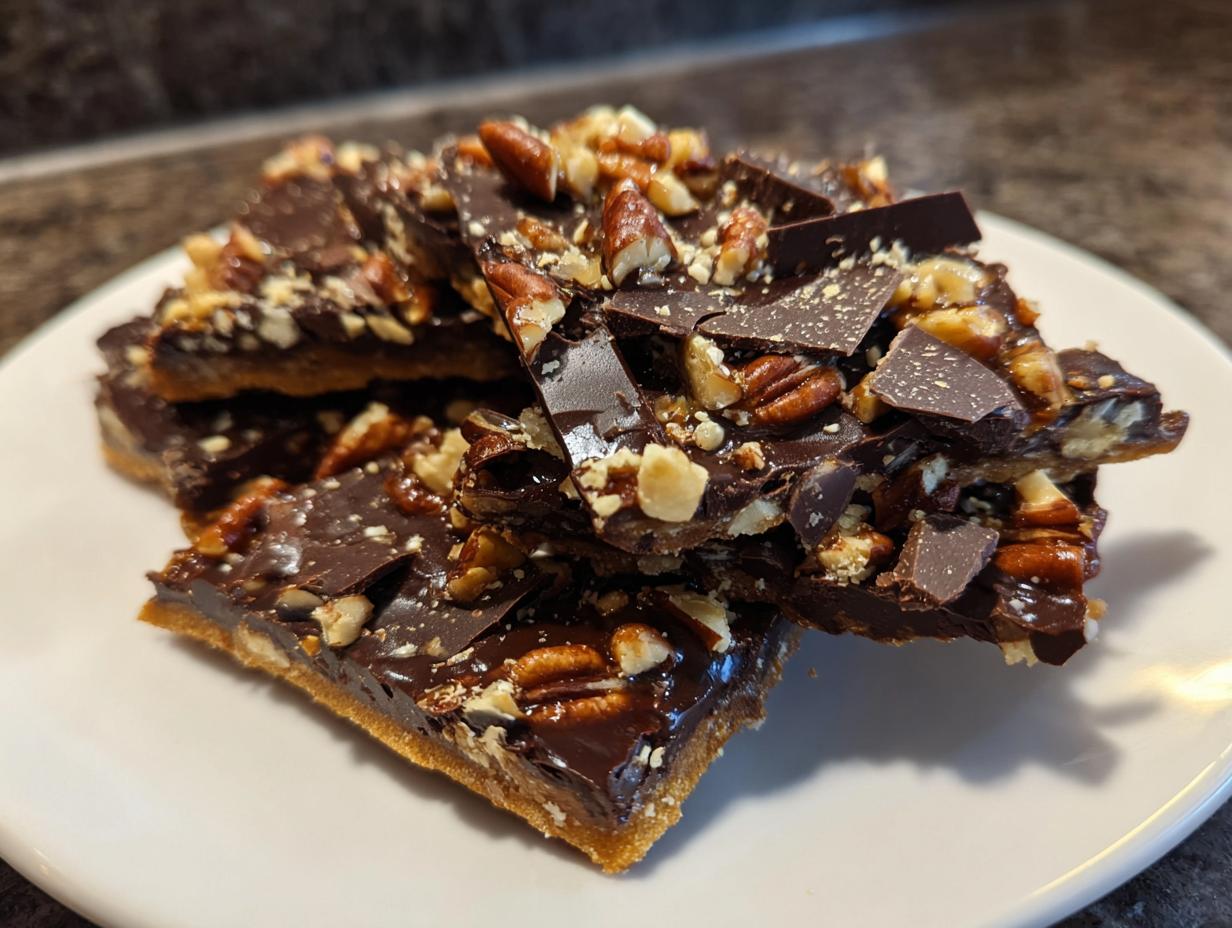 Close-up of stacked pieces of rich Pecan Pie Bark topped with pecans and chocolate shards.