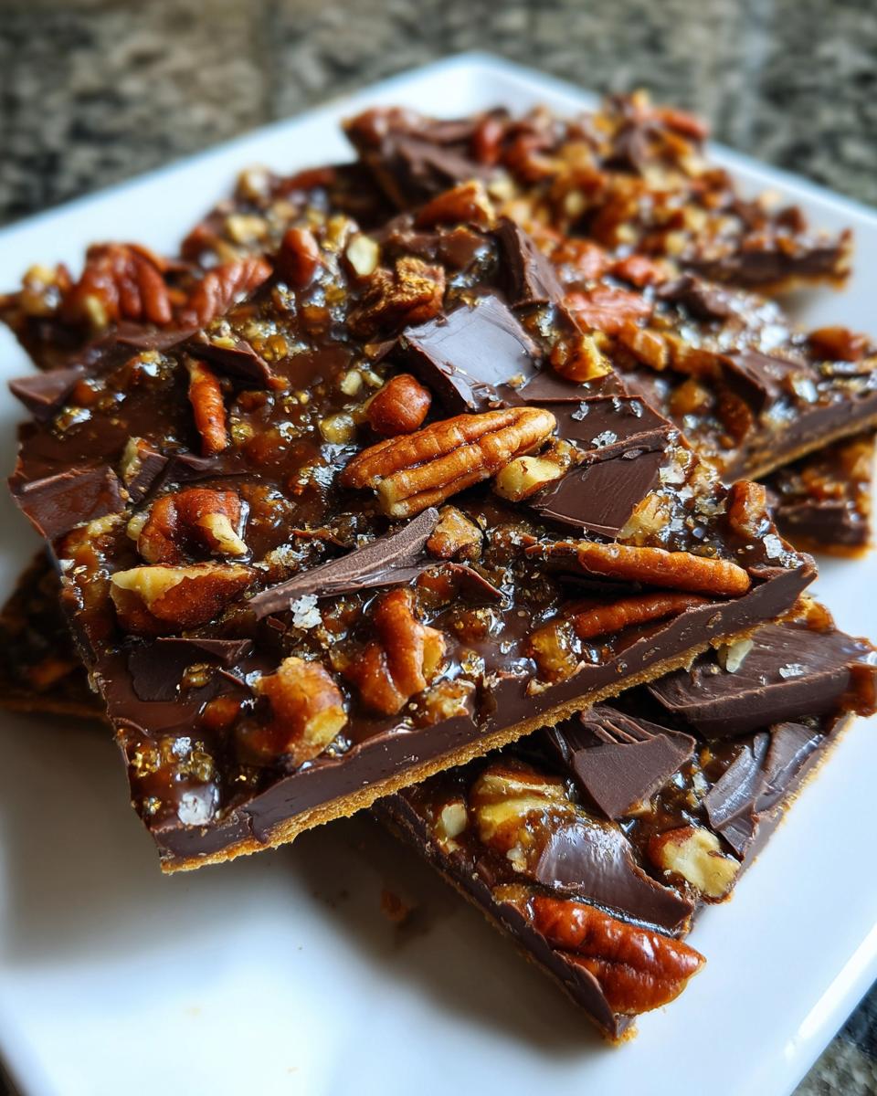 Close-up of broken pieces of rich Pecan Pie Bark, featuring dark chocolate, gooey caramel, pecans, and sea salt flakes.
