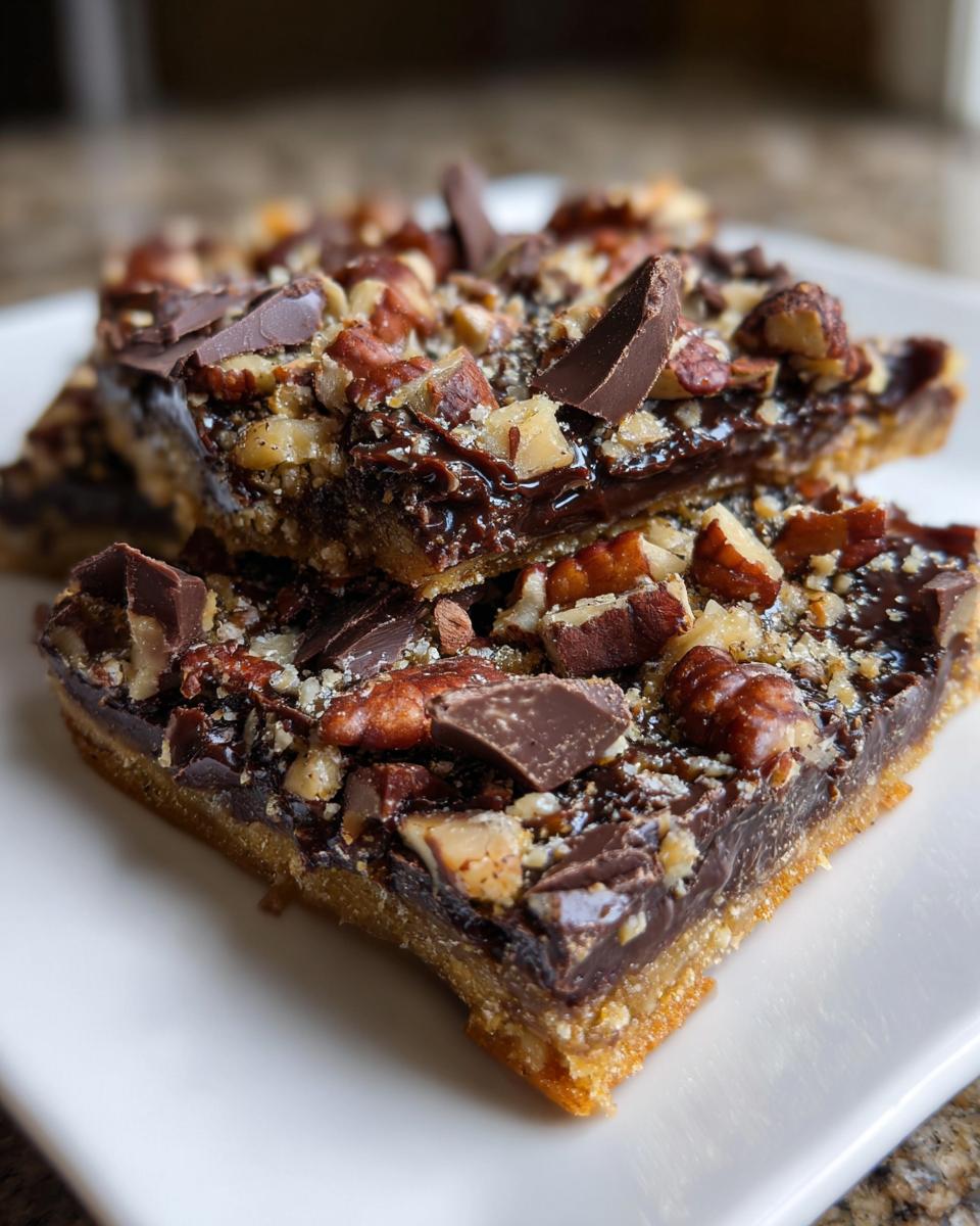 Two stacked squares of rich Pecan Pie Bark featuring a buttery crust, dark chocolate, and chopped pecans.