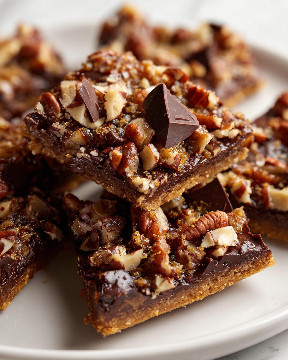 Close-up of stacked squares of Pecan Pie Bark featuring a thick chocolate layer and crunchy pecan topping.