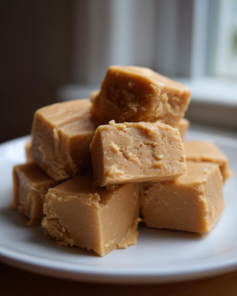 A stack of creamy, light brown squares of homemade penuche fudge piled on a white plate.