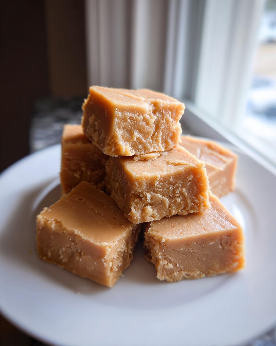 A stack of light brown, creamy squares of penuche fudge resting on a white plate near a bright window.