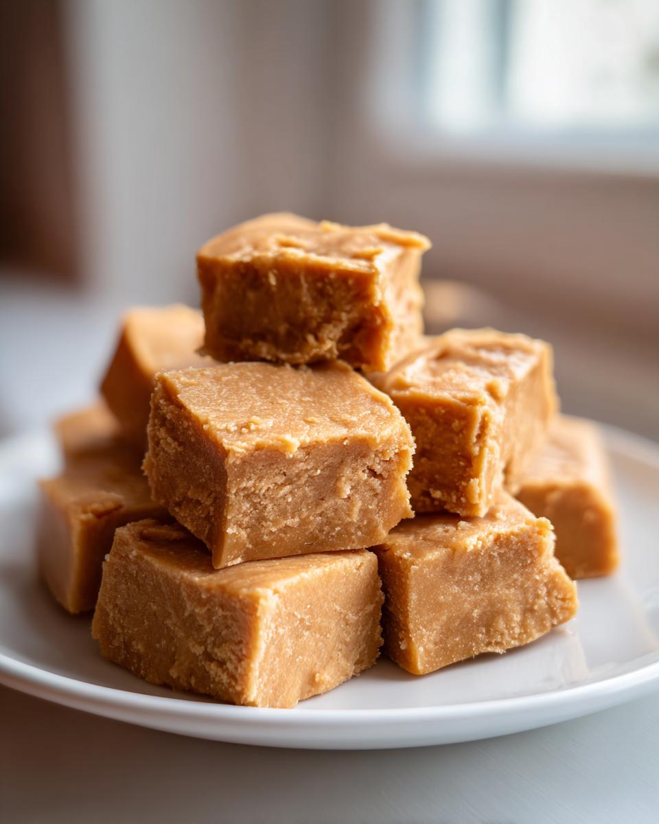 A stack of rich, light brown squares of homemade penuche fudge resting on a white plate.