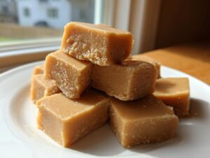 A stack of light brown, square-cut penuche fudge pieces showing a slightly grainy texture, sitting on a white plate indoors.