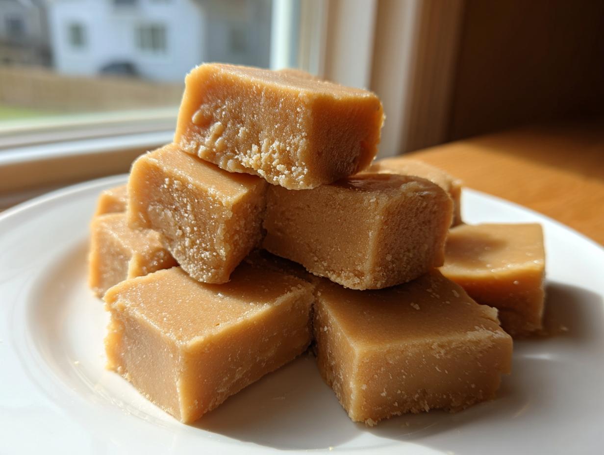 A stack of light brown, square-cut penuche fudge pieces showing a slightly grainy texture, sitting on a white plate indoors.