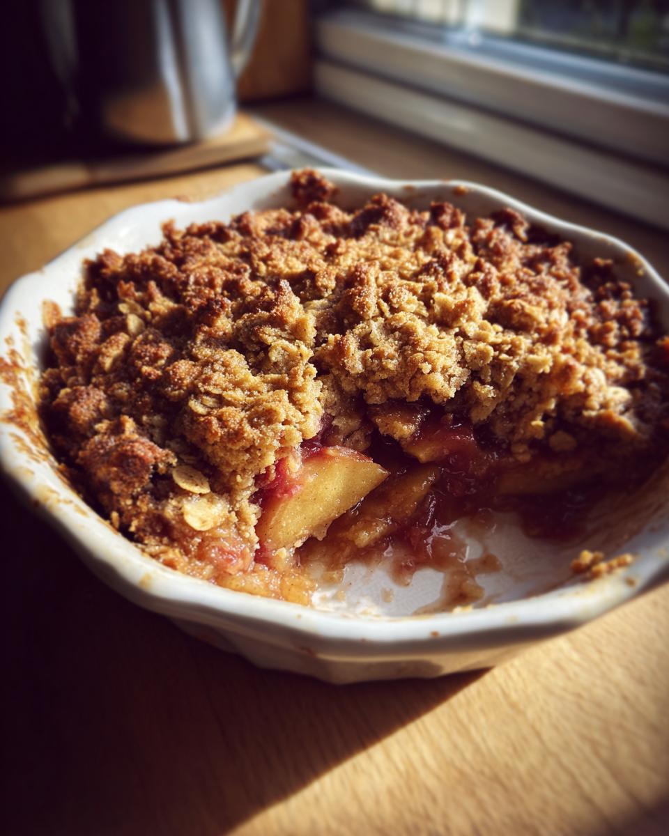 Close-up of a single serving of warm apple crisp with a golden, crumbly topping and visible baked apple filling.
