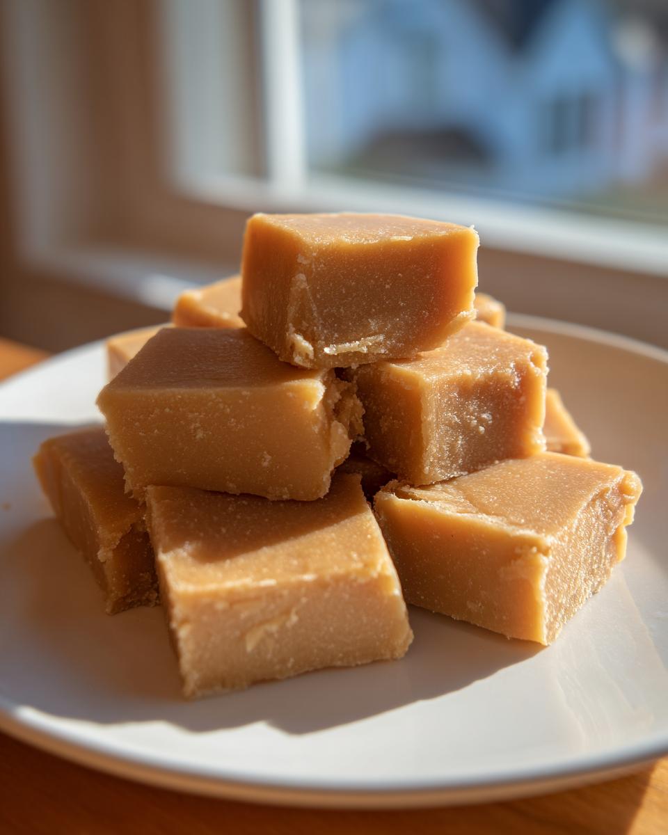 Close-up of stacked, light brown squares of homemade penuche fudge on a white plate.
