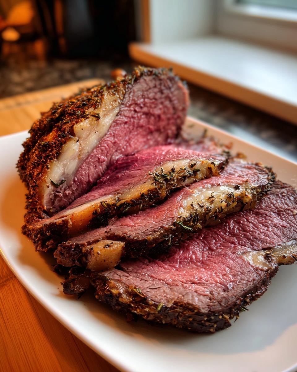 Slices of perfectly cooked prime rib recipe roast showing a deep pink center and herb crust on a white platter.