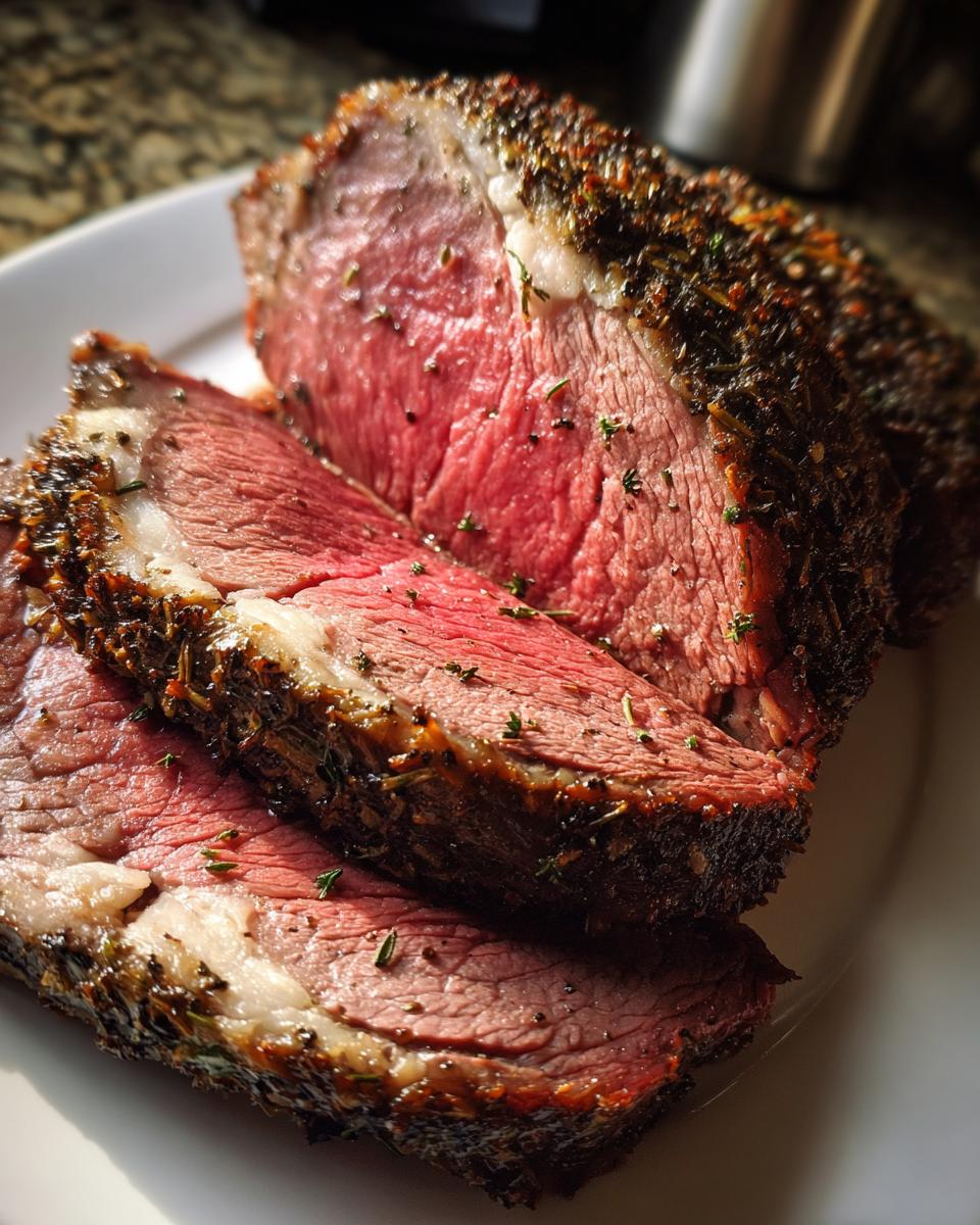 Close-up of medium-rare prime rib recipe slices showing a dark herb crust and juicy pink center.