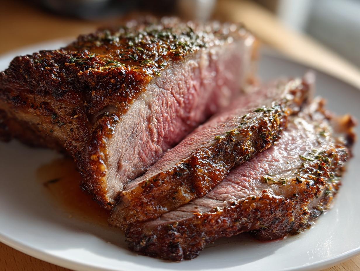 Close-up of perfectly cooked prime rib recipe roast, sliced to show medium-rare center and herb crust.