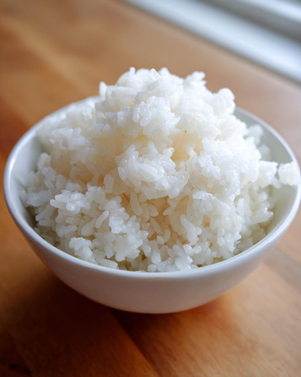 A close-up of perfectly cooked, glossy sushi rice mounded high in a small white bowl.