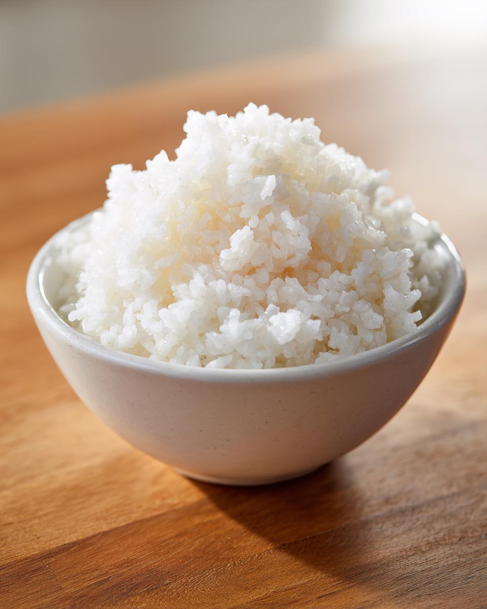 Close-up of perfectly cooked, glossy sushi rice mounded high in a small white ceramic bowl.