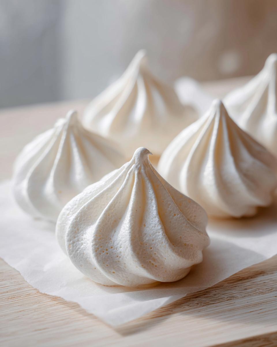 Close-up of several perfectly piped, crisp white meringue cookies resting on parchment paper.