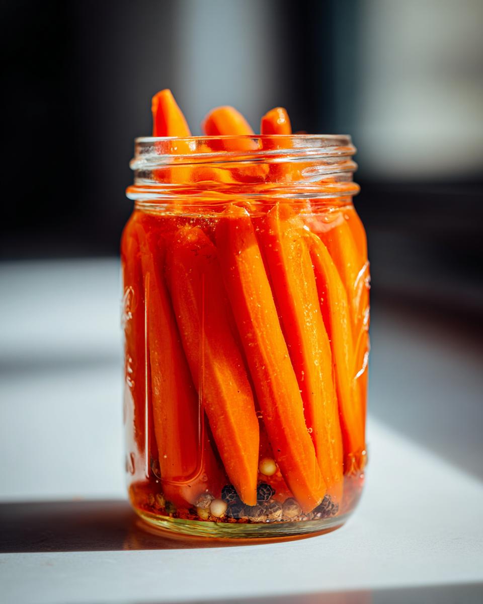 Close-up of bright orange pickled carrots packed tightly in a glass jar with spices at the bottom.