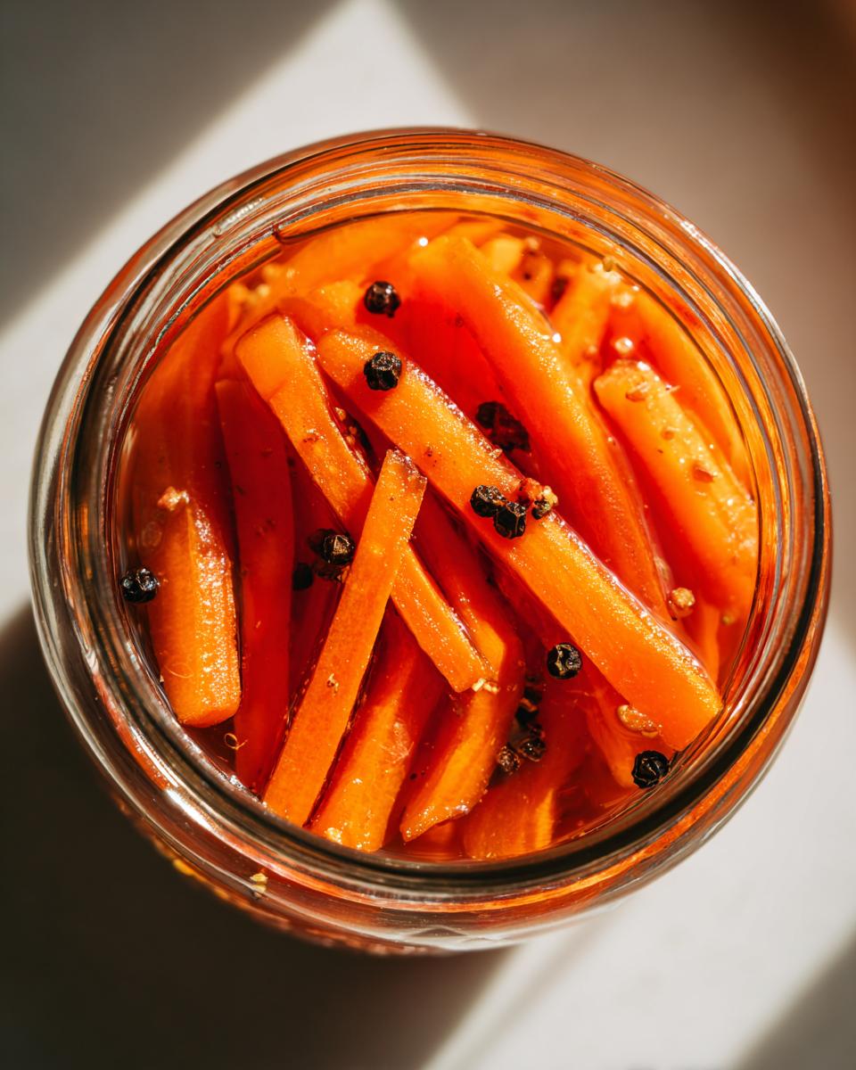 Overhead view of bright orange pickled carrots submerged in brine with whole black peppercorns inside a glass jar.