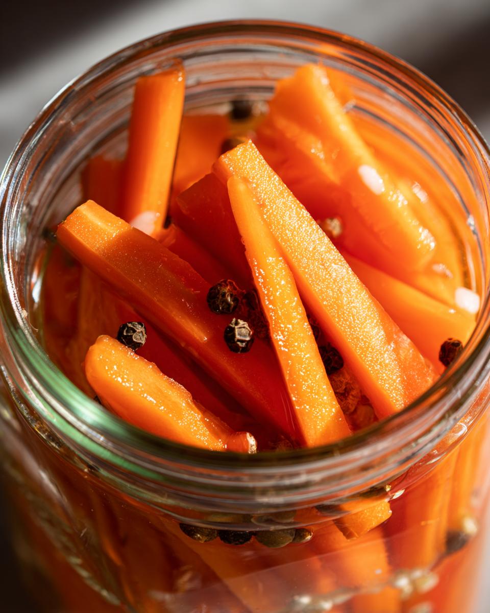 Close-up view inside a glass jar filled with bright orange pickled carrots sticks and whole black peppercorns.