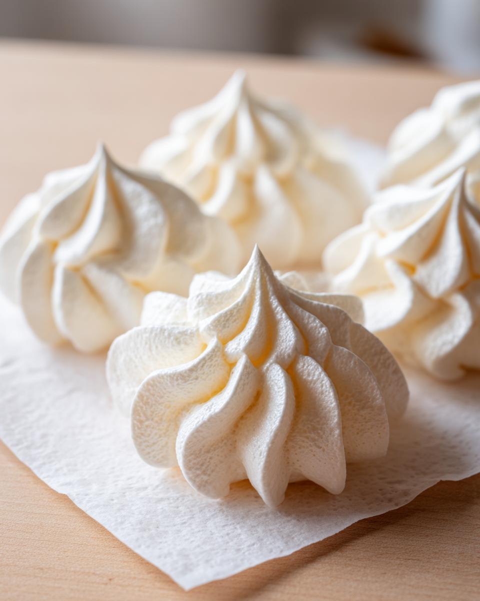 Close-up of several perfectly piped, glossy white meringue cookies resting on parchment paper.