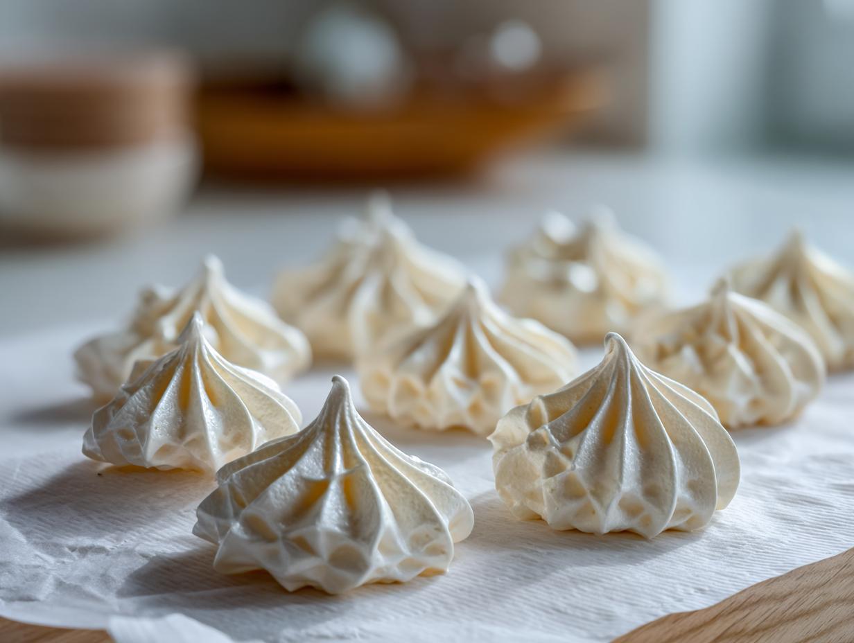 Close-up of several freshly piped, crisp white meringue cookies resting on white parchment paper.