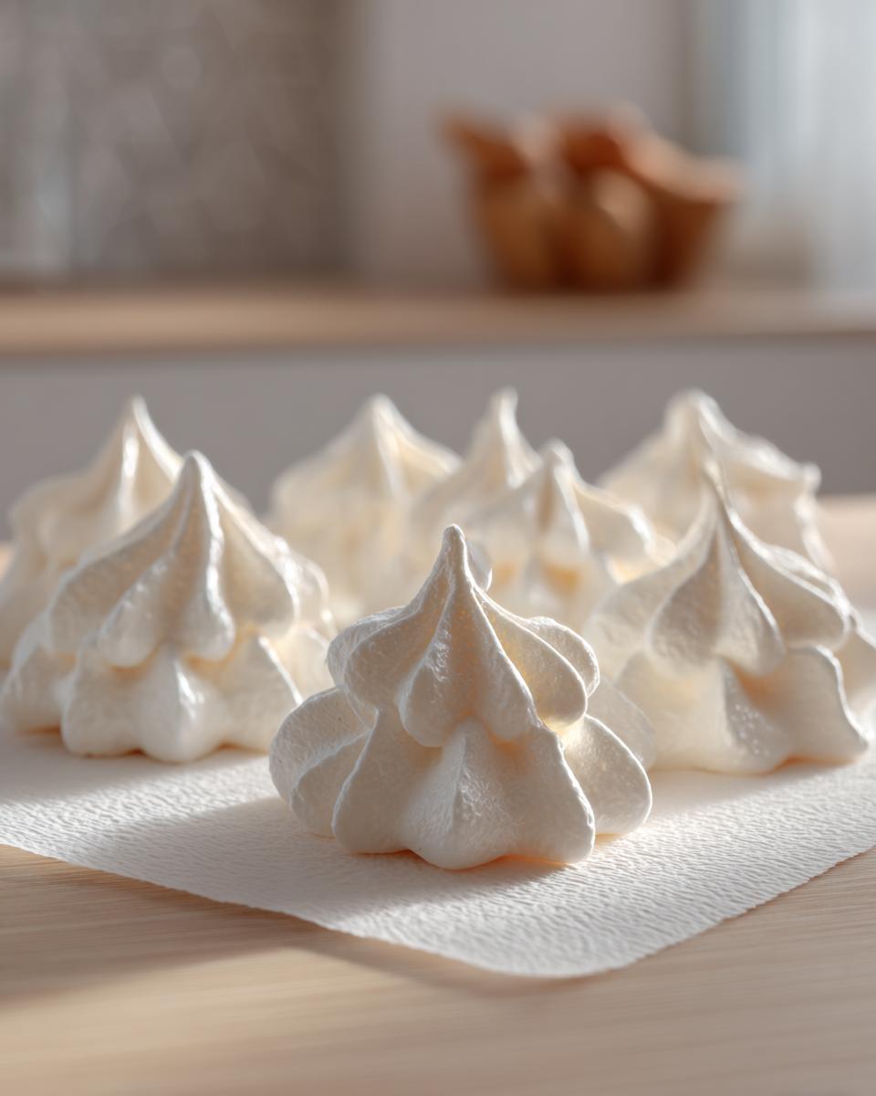 Close-up of several perfectly piped, white meringue cookies shaped like small trees resting on a textured white napkin.