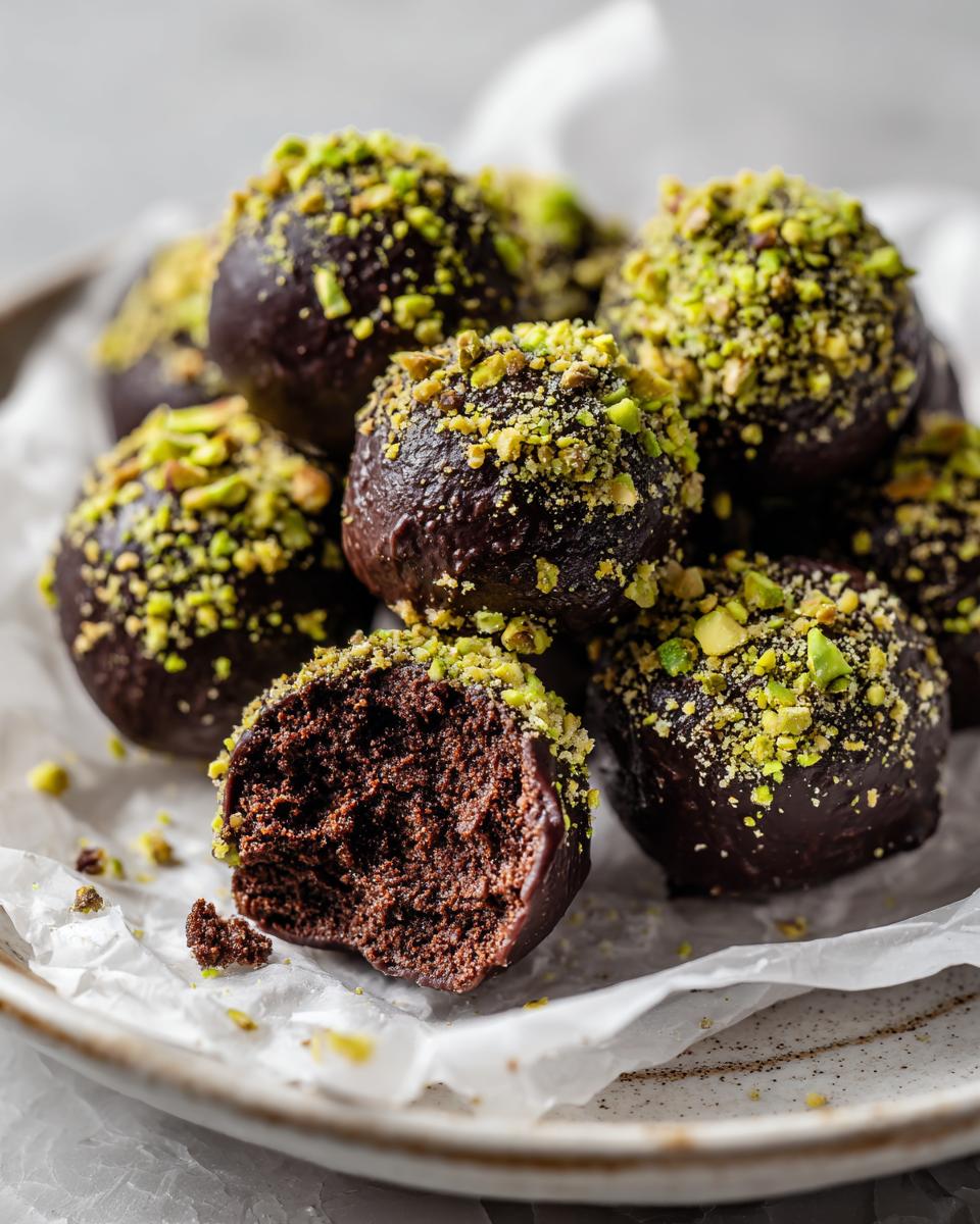 Close-up of rich, dark chocolate dubai chocolate balls coated in crushed green pistachios, one is bitten into.