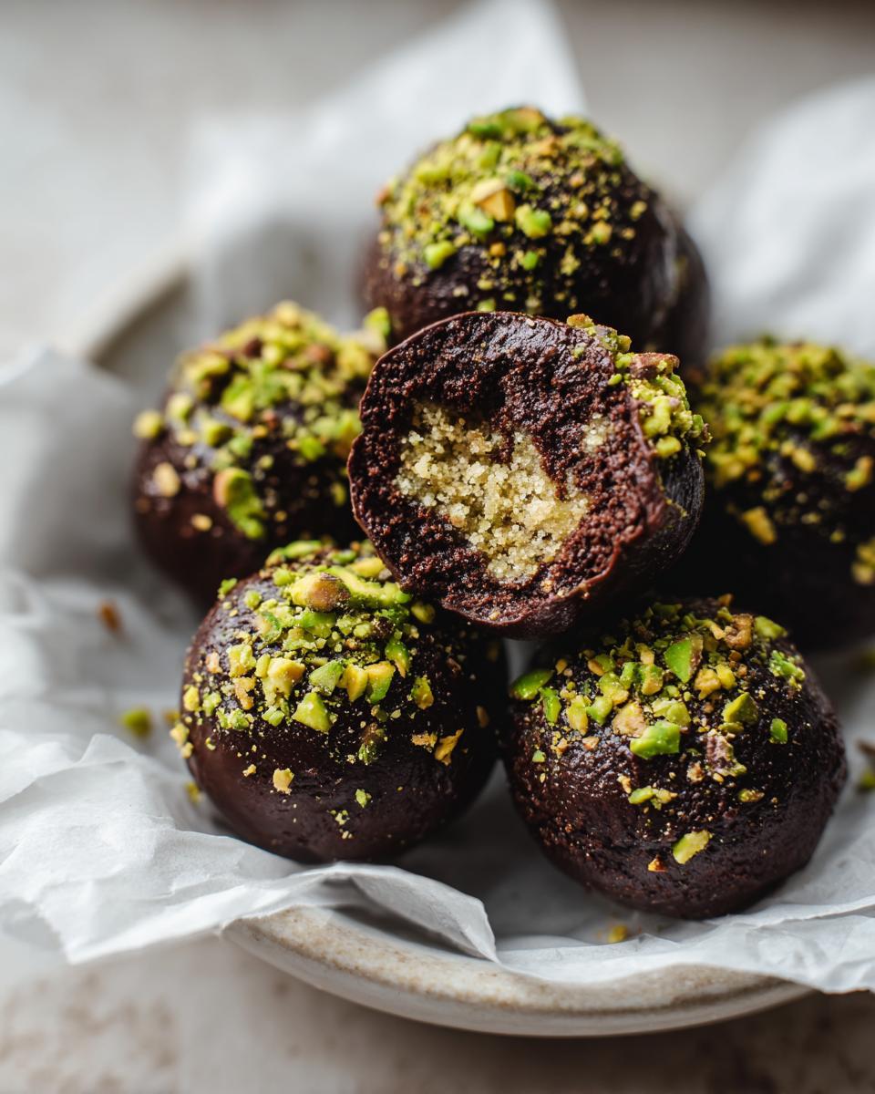 A stack of rich, dark chocolate Dubai chocolate balls topped with chopped green pistachios, one cut open showing a light center.