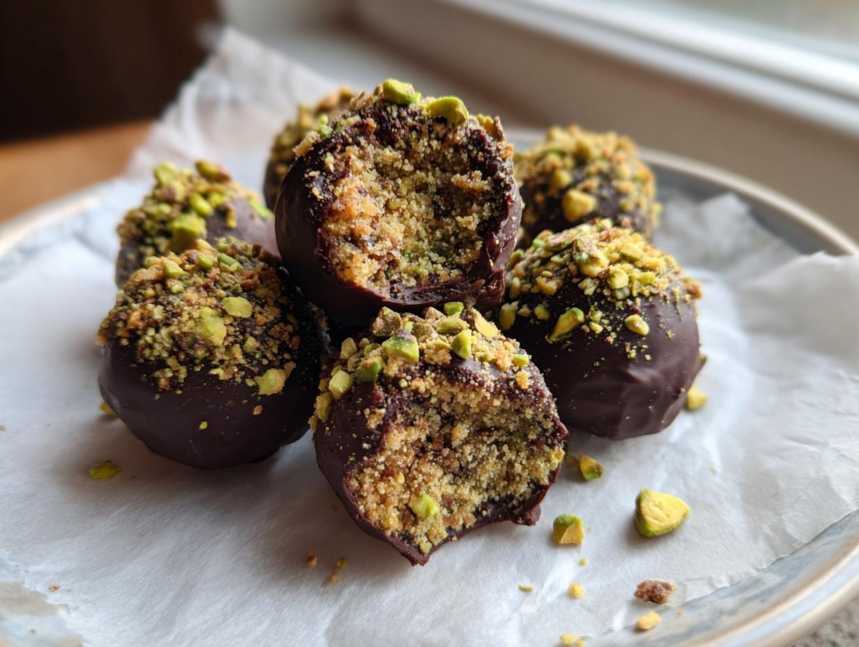 A pile of rich, dark chocolate-coated dubai chocolate balls topped with bright green crushed pistachios.