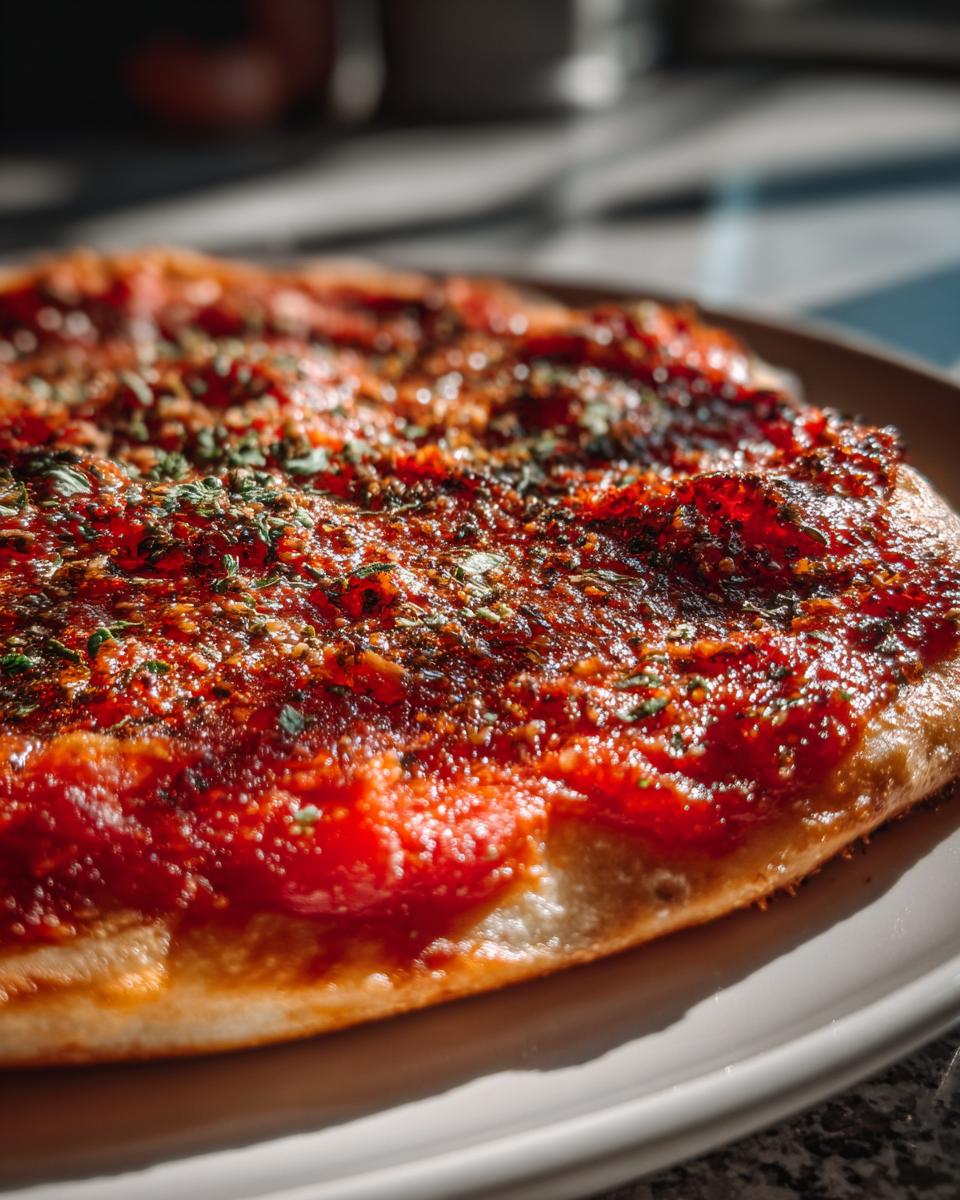 Close-up of a pizza crust generously topped with vibrant red 5 minute pizza sauce and dried herbs.