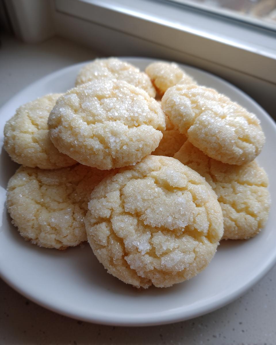 A close-up of several freshly baked soft sugar cookies piled on a white plate, coated in sparkling granulated sugar.