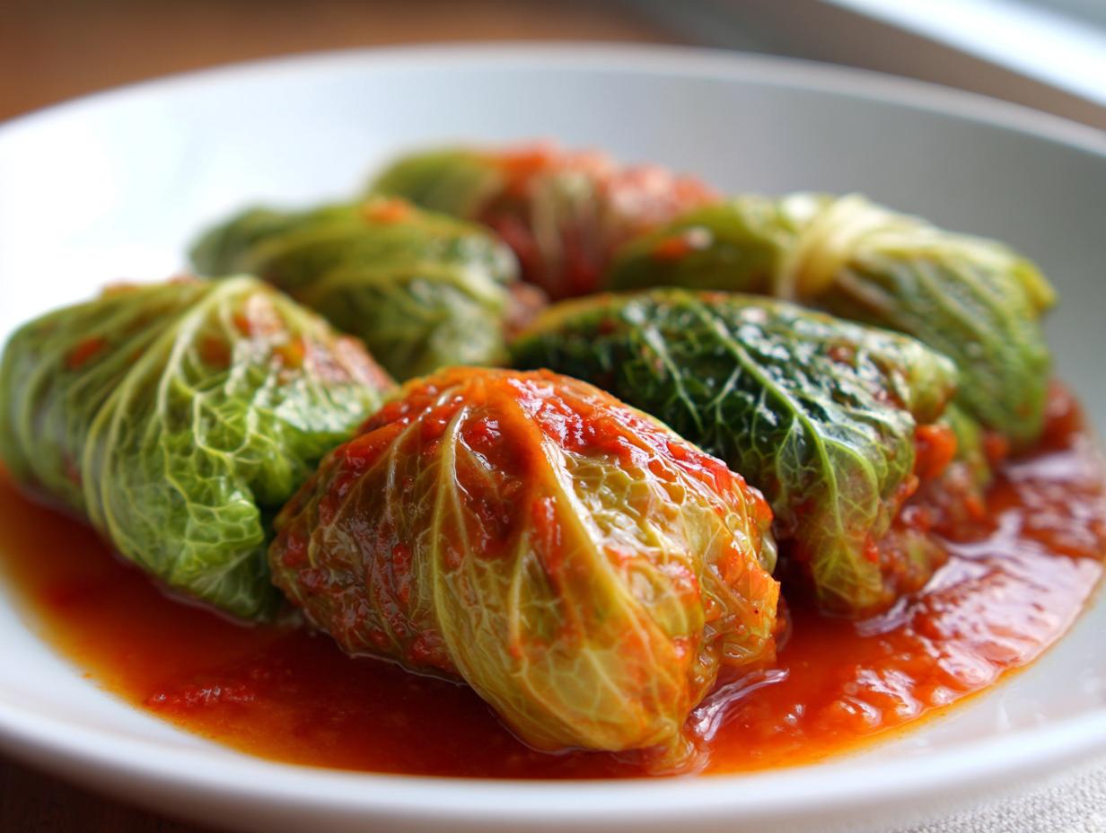 Close-up of several homemade cabbage rolls nestled in a bright red tomato sauce on a white plate.