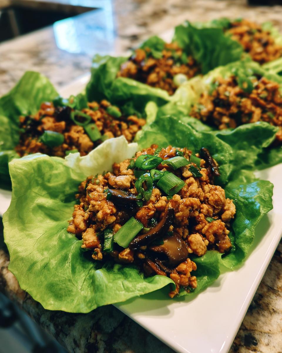 Close-up of several servings of chicken lettuce wraps filled with savory ground chicken, mushrooms, and topped with fresh green onions.