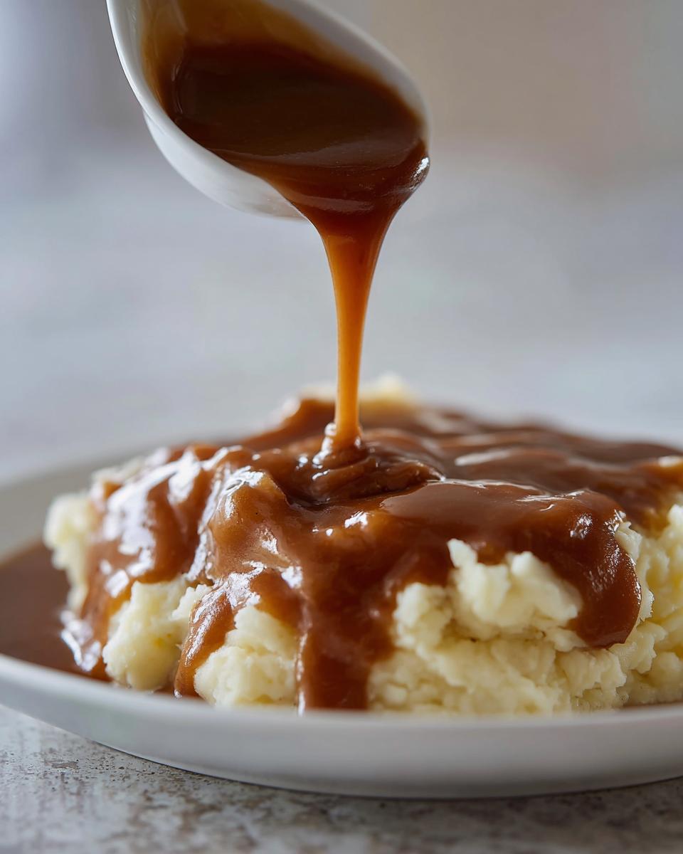 A close-up of rich homemade brown gravy being poured from a white spoon onto a mound of fluffy mashed potatoes.