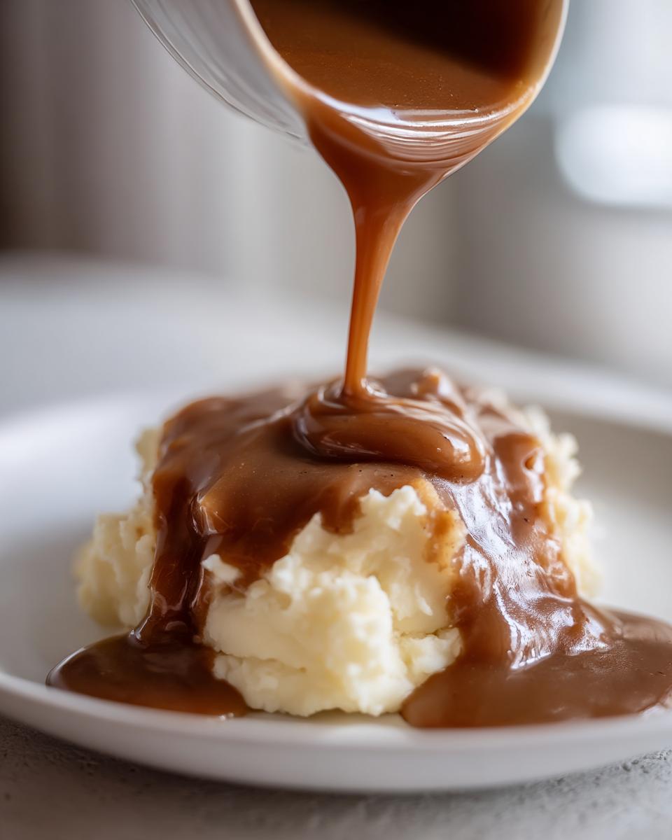 Close-up of rich homemade brown gravy being poured from a clear container onto a mound of fluffy mashed potatoes.