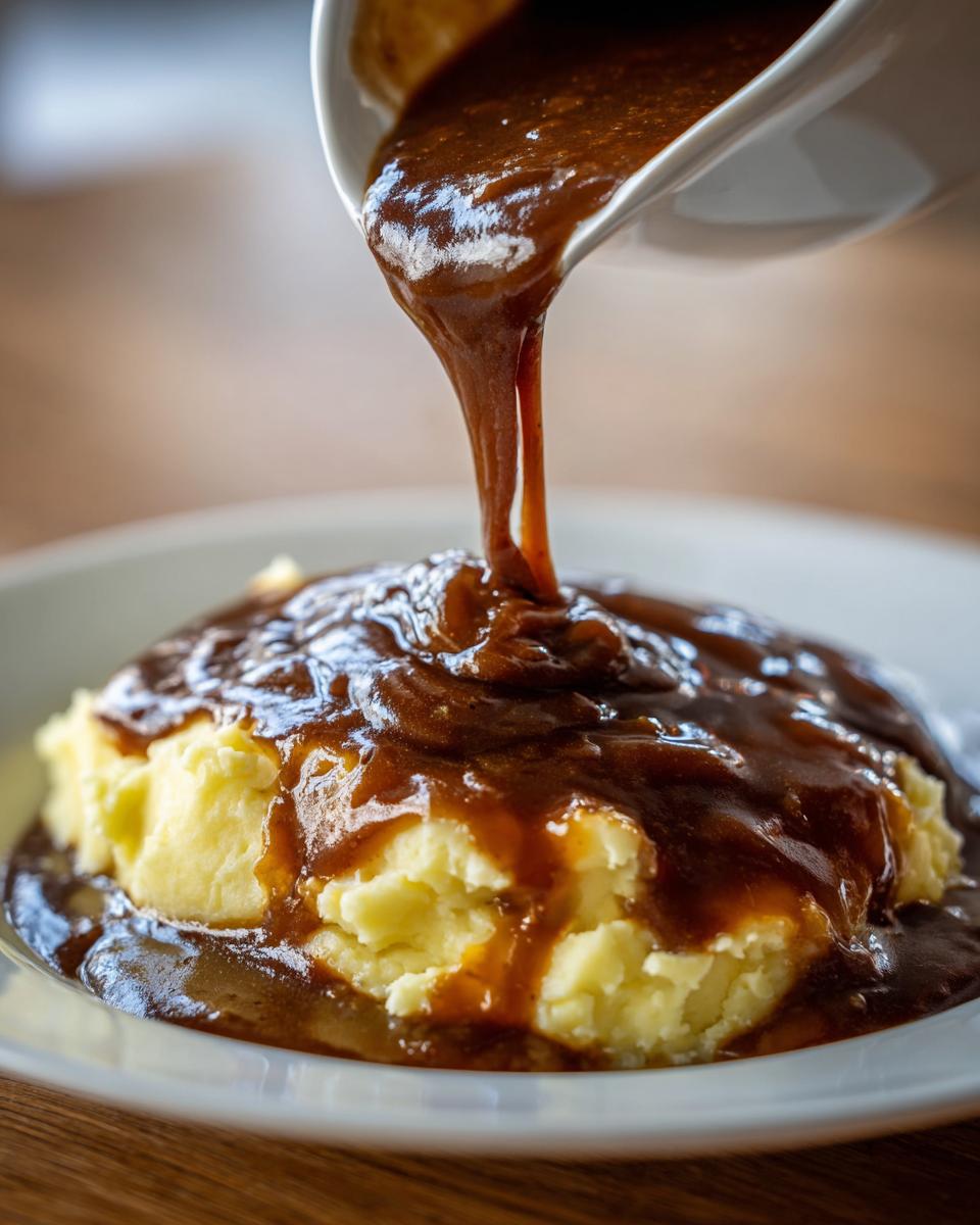 Thick, rich homemade brown gravy being poured from a white gravy boat onto a mound of creamy mashed potatoes.