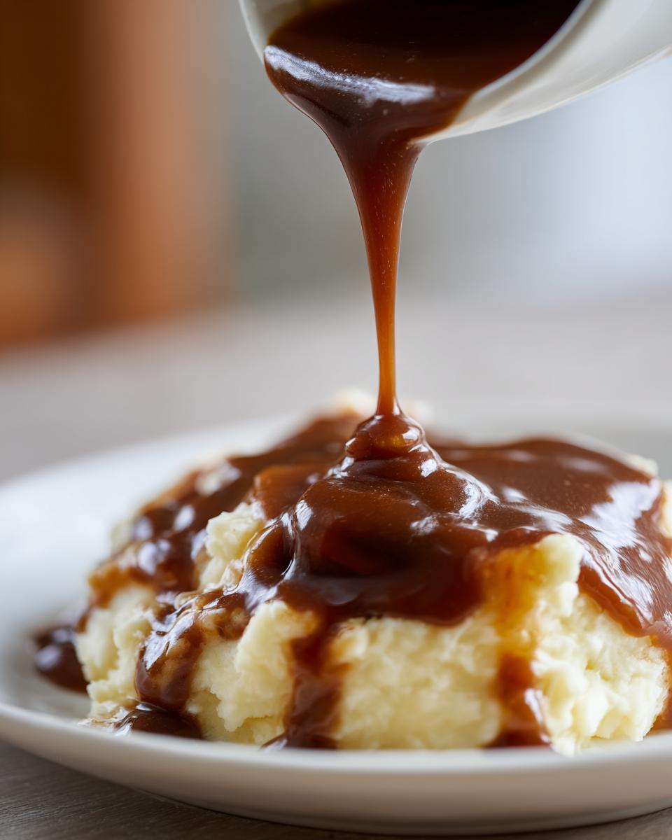 Thick, rich homemade brown gravy being poured from a white pitcher onto a serving of fluffy mashed potatoes.
