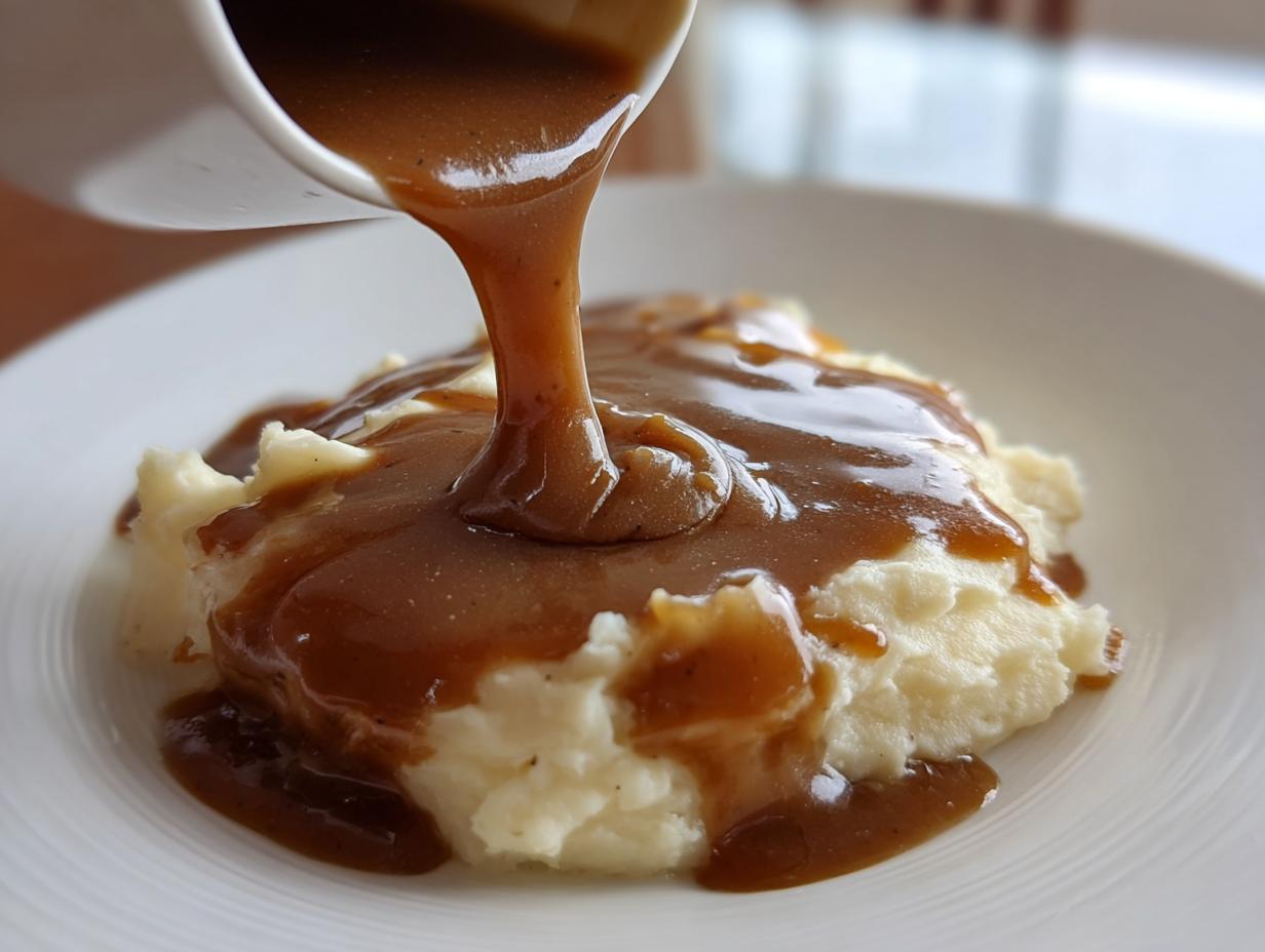Close-up of thick homemade brown gravy being poured from a white pitcher onto a mound of fluffy mashed potatoes.
