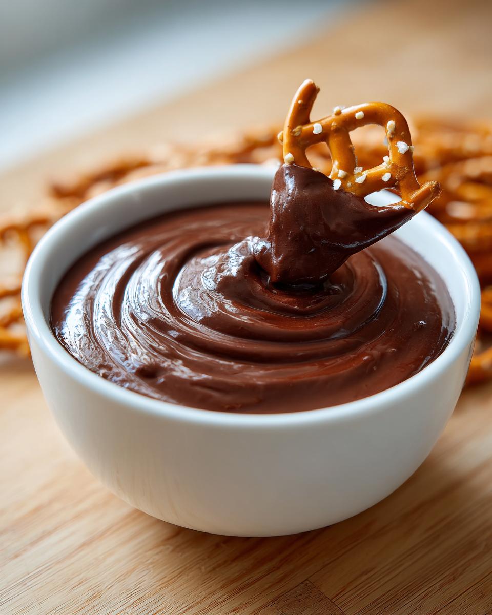 A salty pretzel being dipped into a swirl of smooth, rich chocolate dip in a white bowl.