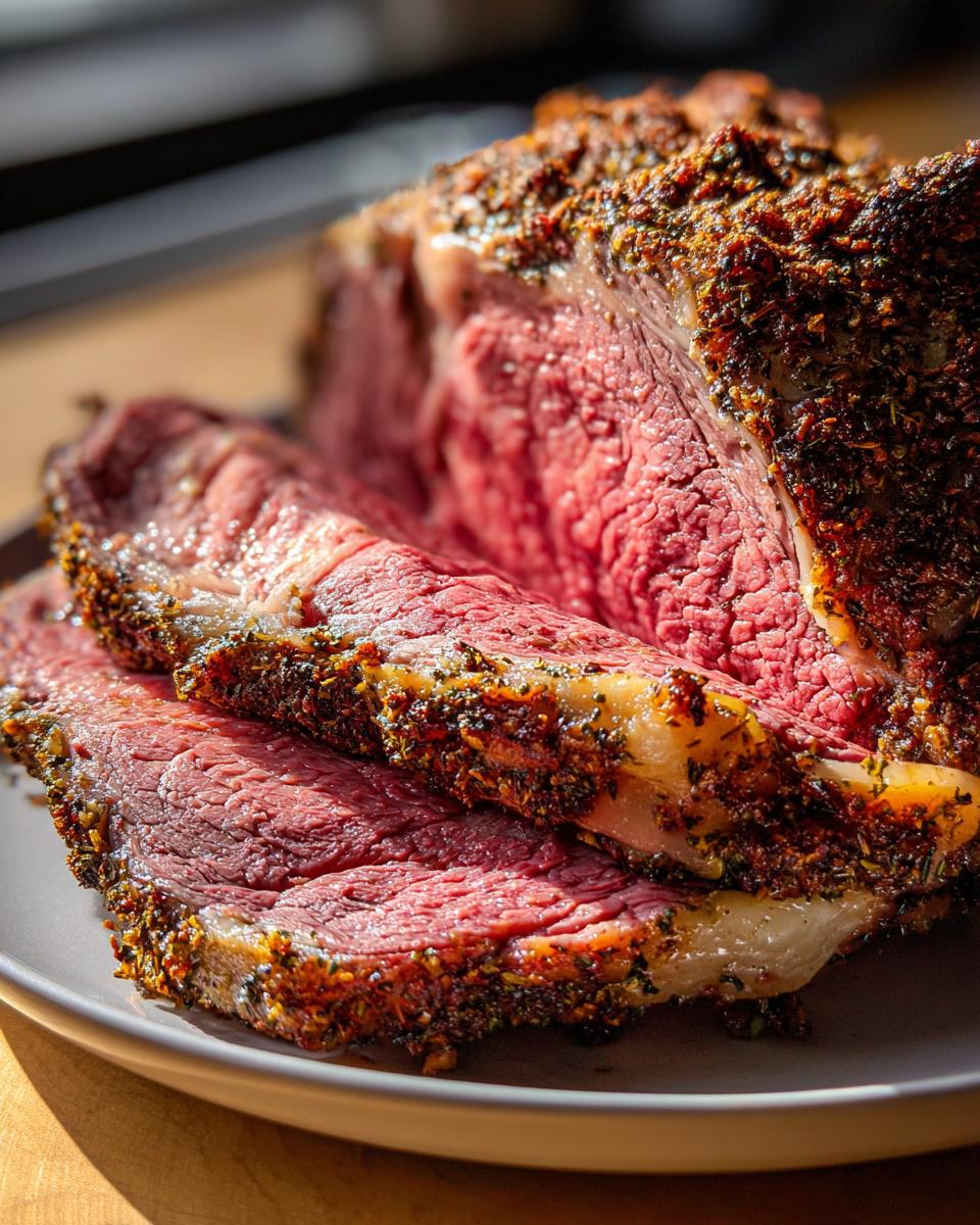 Close-up of medium-rare prime rib recipe roast, showing a thick, herb-crusted exterior and juicy, pink interior.
