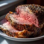 Close-up of a perfectly cooked prime rib recipe roast, sliced to show medium-rare center and herb crust.