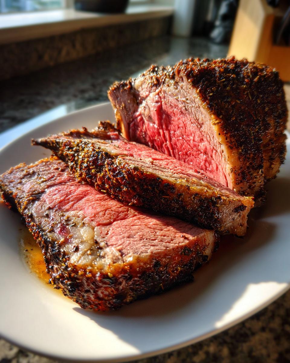 Close-up of thick slices of medium-rare prime rib recipe with a dark, seasoned crust on a white plate.