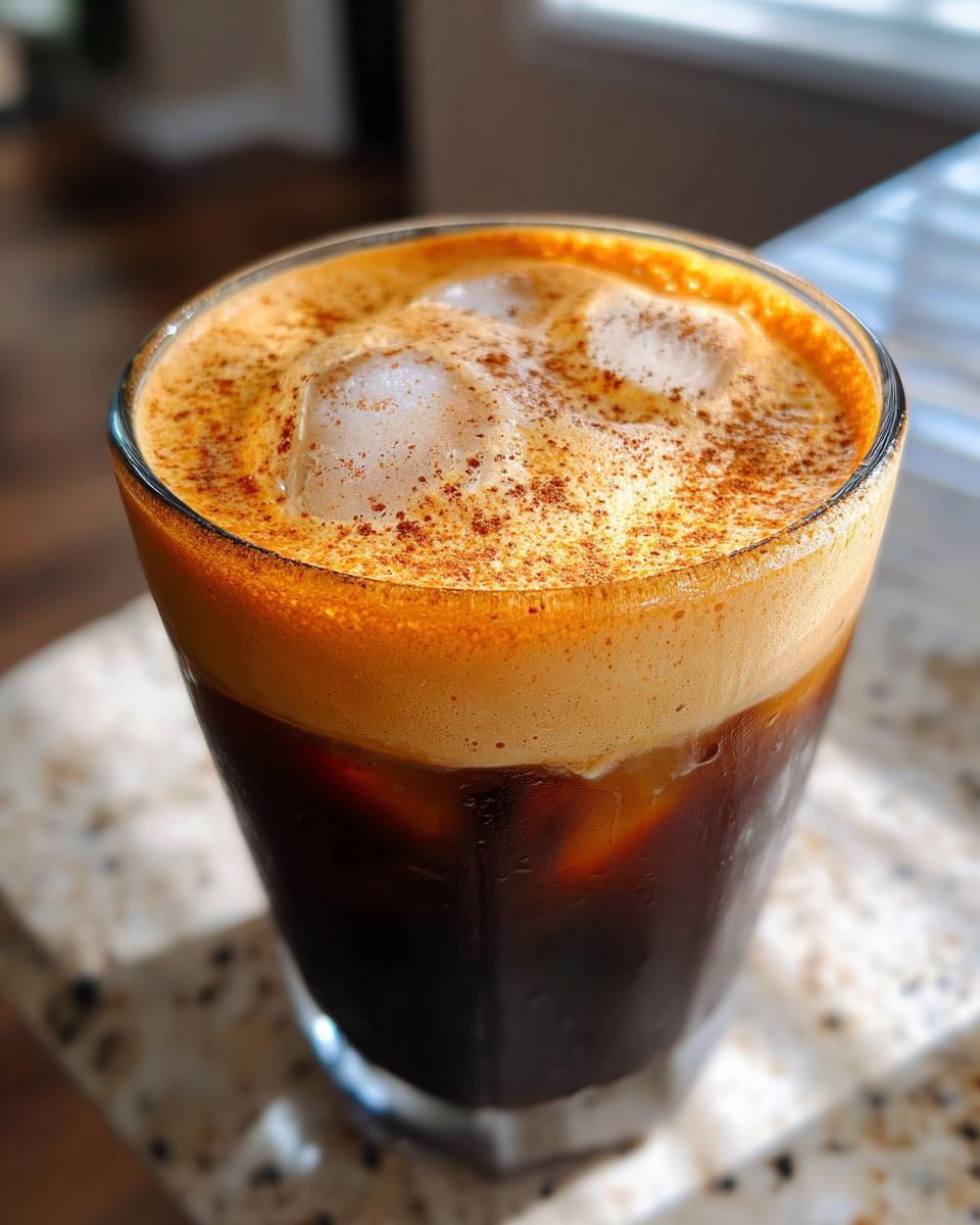 A glass of rich pumpkin cream cold brew topped with thick foam, ice cubes, and a dusting of spice.