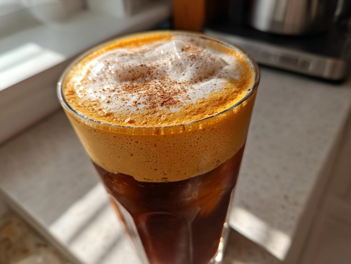 Close-up of a tall glass filled with pumpkin cream cold brew, featuring thick orange foam topped with white foam and cinnamon.