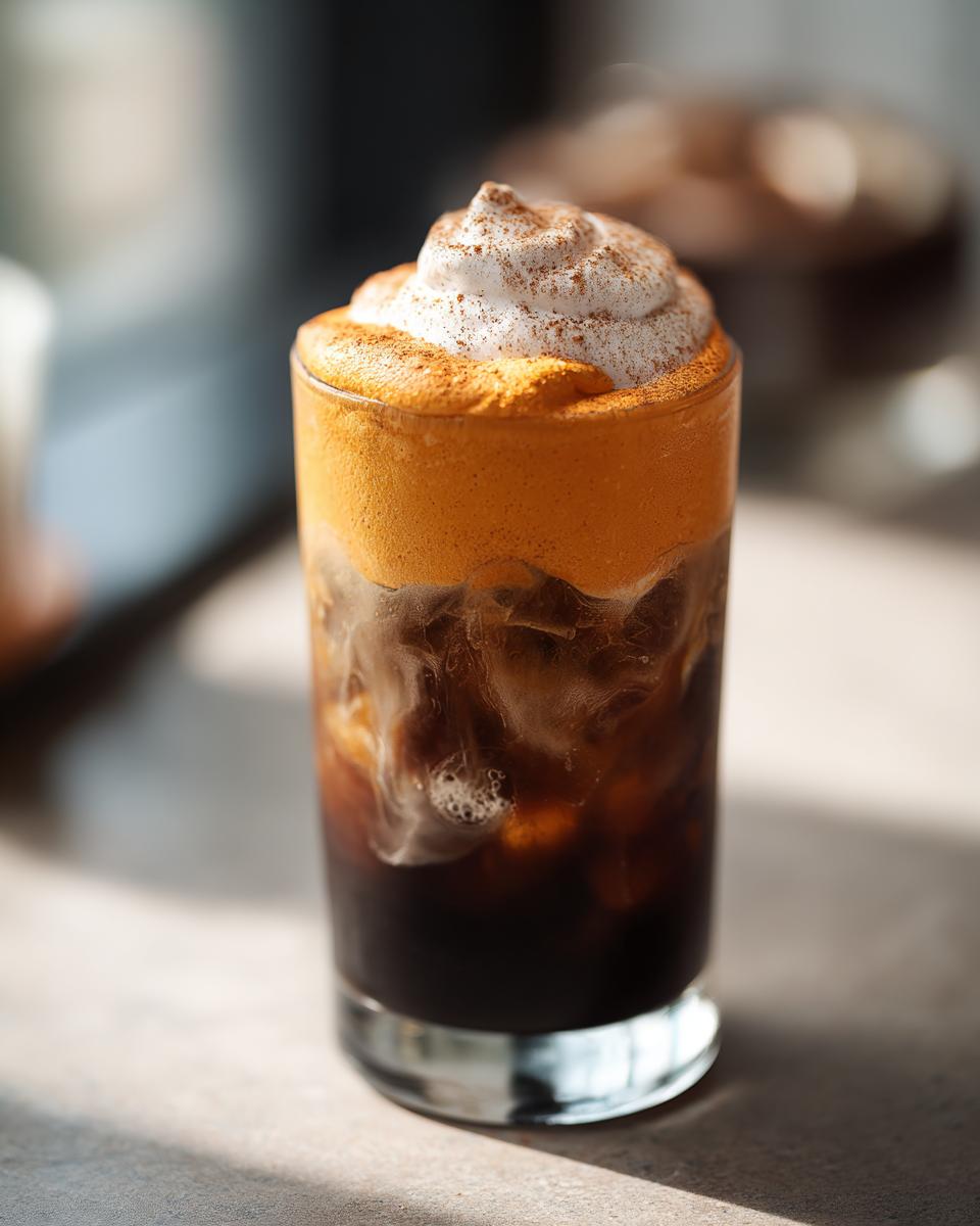 A tall glass filled with pumpkin cream cold brew, showing dark coffee swirling with orange foam and topped with whipped cream and cinnamon.