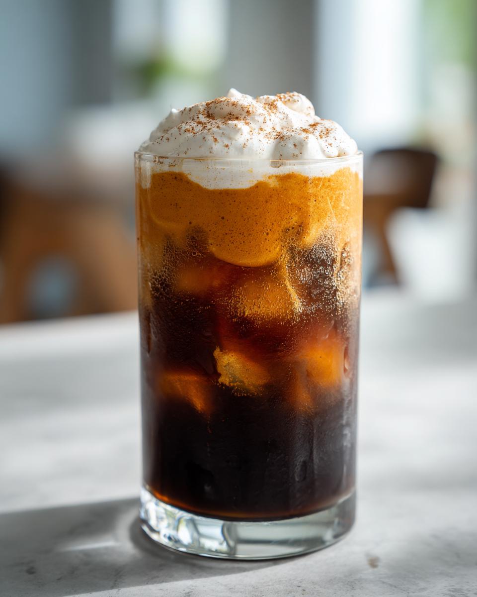 Close-up of a tall glass of pumpkin cream cold brew with ice, topped with orange foam and whipped cream dusted with cinnamon.