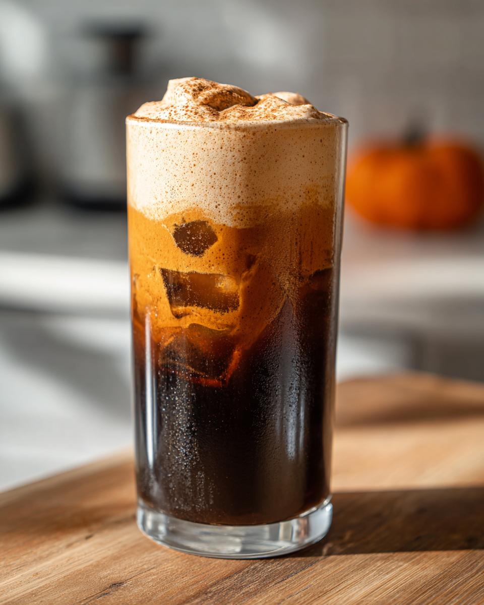 A tall glass filled with iced pumpkin cream cold brew, layered with dark coffee and topped with thick, spiced foam.